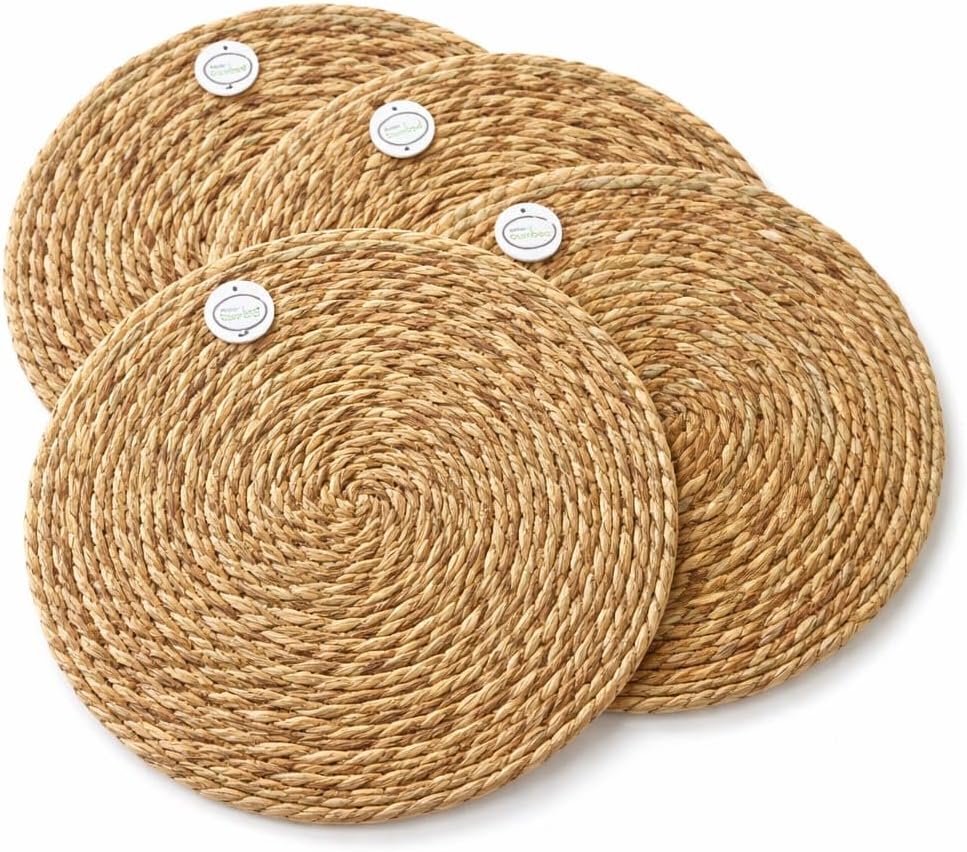 Doğal Hasır Suple 4’lü Set Yuvarlak Amerikan Servis, El Yapımı Hasır Placemats, Kaymaz Dayanıklı Masa Altlığı, Mutfak Yemek Masası Dekoratif Kullanım, Bohem Rustik Tasarım (Çap 30 cm)