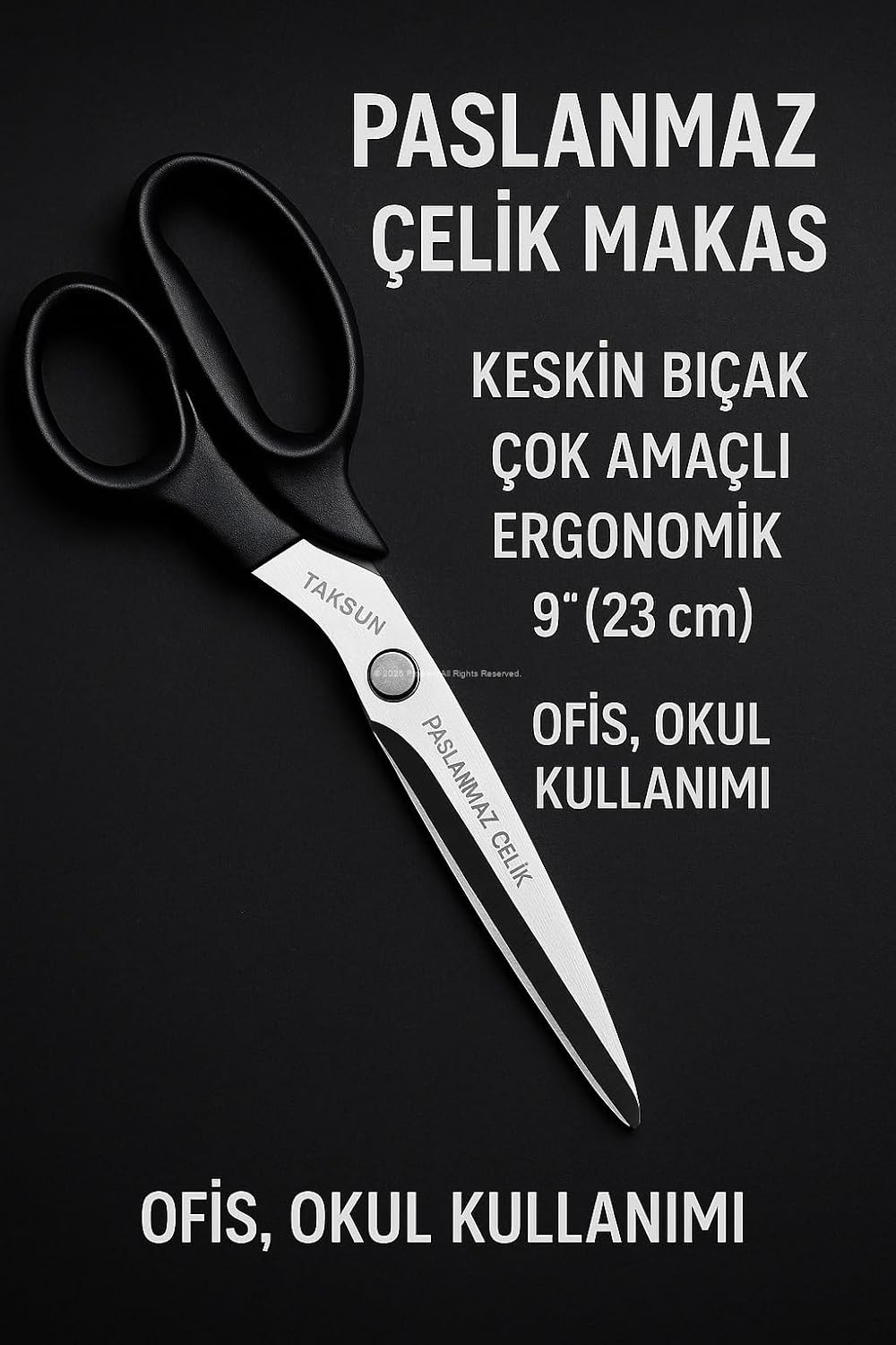 Taksun Paslanmaz Çelik Makas, GL120, Keskin Bıçak, Ofis, Okul Kullanımı, Çok Amaçlı, Dayanıklı Vidalı Yapı, Ergonomik, Hassas Kağıt, Karton, Kumaş Kesimi, Profesyonel Terzi Makası, 9"