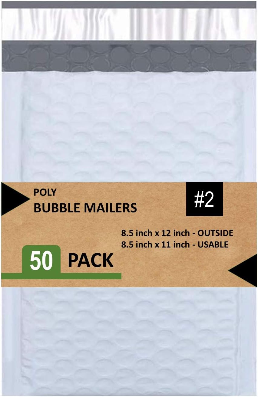 #2 Poly Bubble Mailers 20,5 x 30,5 cm Dolgulu Zarf Postası Su Geçirmez 50'li Paket (PBM8512-50), Beyaz