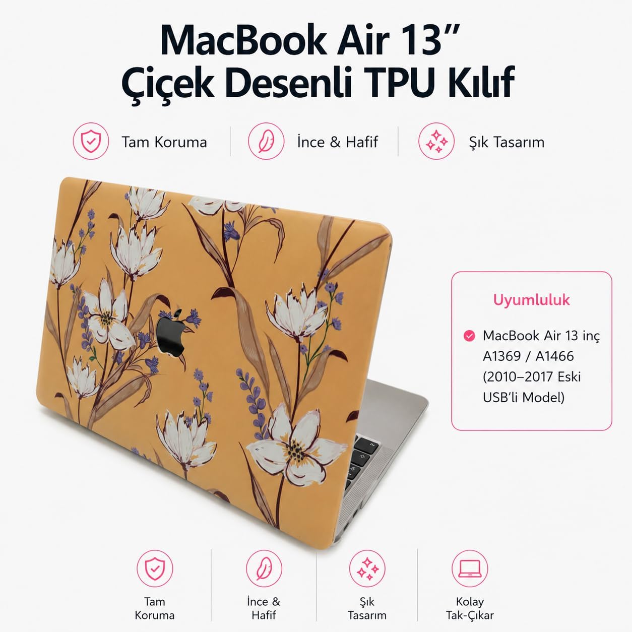 MacBook Air 13 İnç Kılıf Uyumlu A1466 A1369 Çiçek Desenli TPU Kapak İnce Hafif Darbe Önleyici Mat Yüzey UV Lazer Baskı Tam Uyumlu Koruyucu Sarı