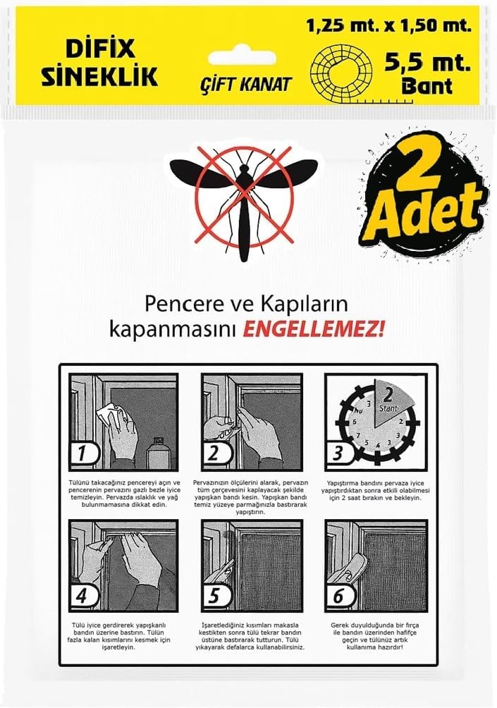 Çift Kanat Pratik Sineklik, 1,25 m x 1.5 m Tül, Kapı & Pencere Uyumlu, 5,5 m Yapıştırma Bantlı (2 Adet)