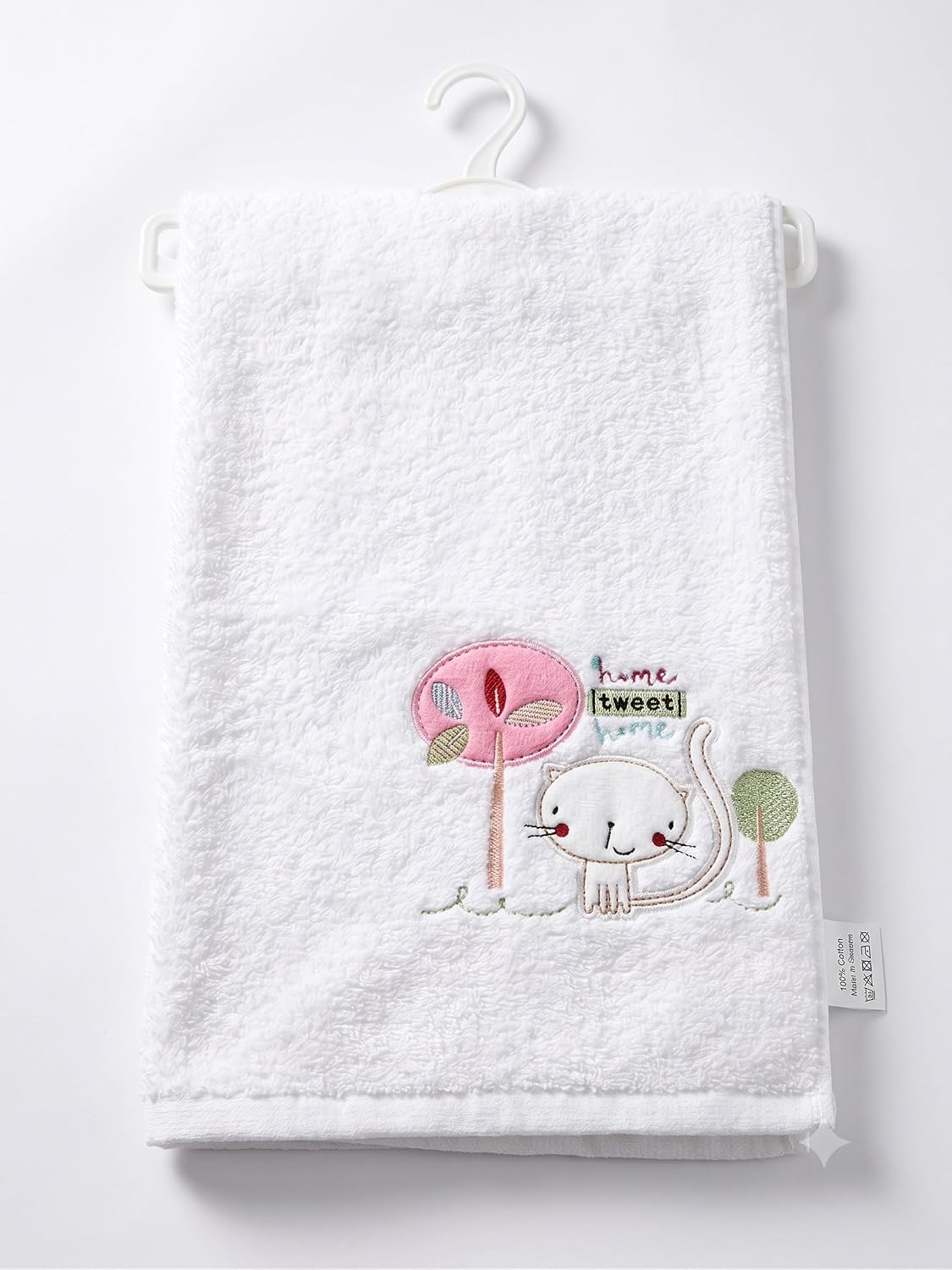 %100 Pamuklu, Nakışlı, Hipoalerjenik Bebek Çocuk banyo havlusu- Yumuşak Doku, Beyaz, 85x115cm (Sevimli kedi)