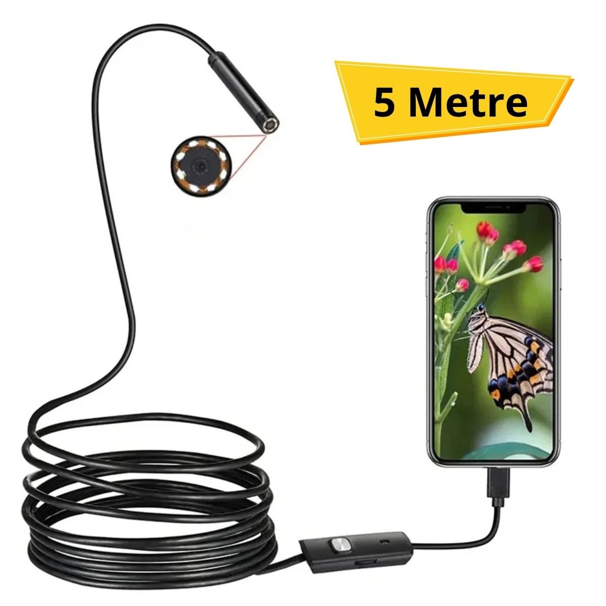 5 Metre Android Telefon Uyumlu 6 LED Işıklı Su Geçirmez Endoskop / Boroskop Yılan Kamera HD