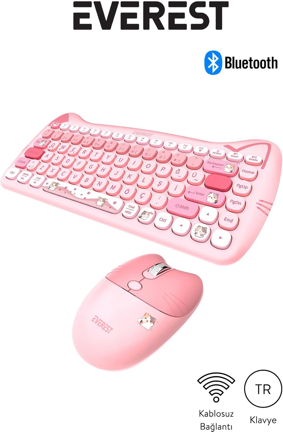 Km-6285 Catty Mini Wireless-Bluetooth Kablosuz Ultra Sessiz Özel Tasarımlı Q Klavye Mouse Set Pembe