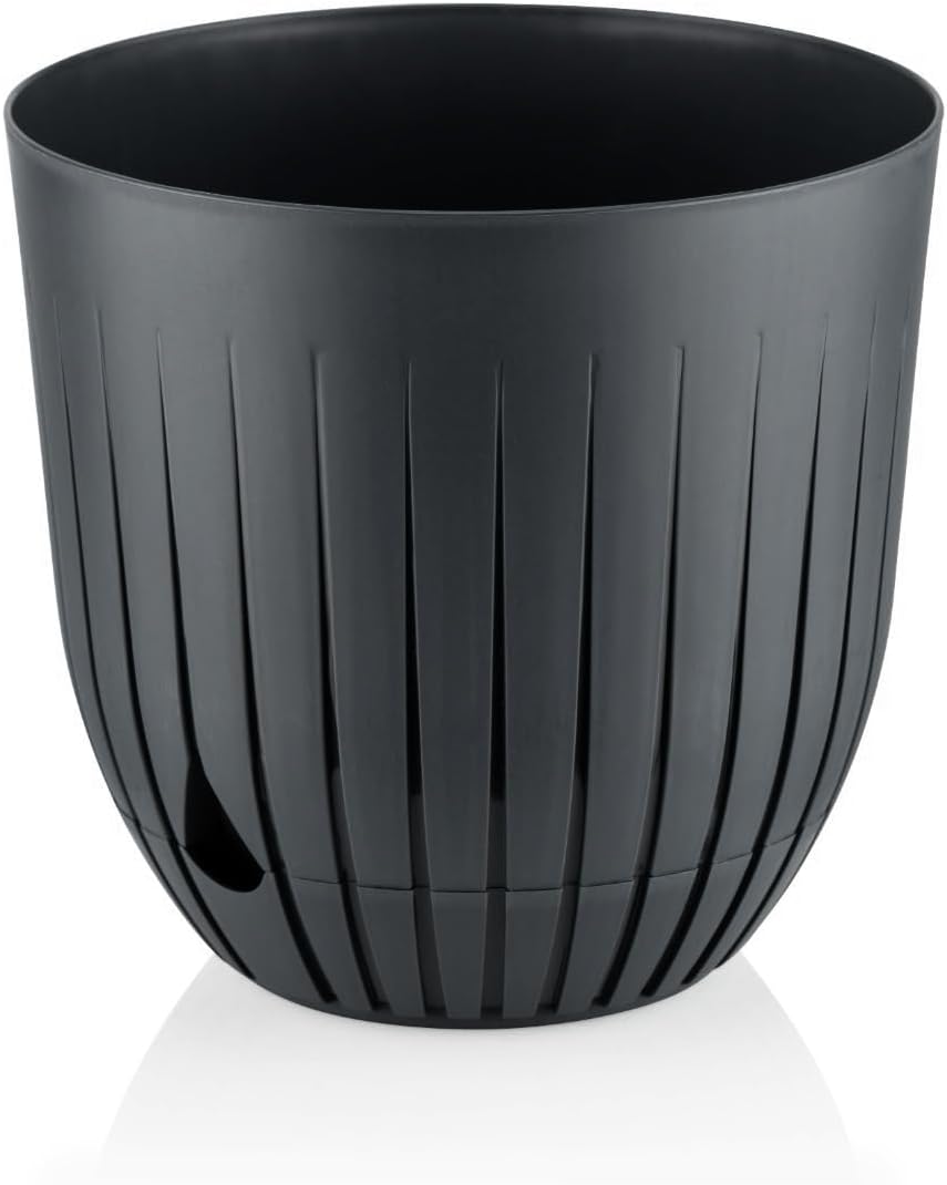 Çizgi Saksı Plastik Delikli Tabaklı Çiçek Saksısı (1 Adet, Antrasit, 5 Litre)
