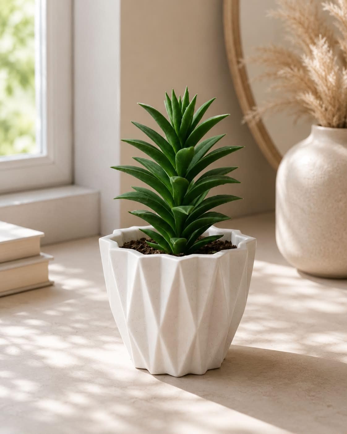 Geometrik Desenli Beyaz Saksı, Masaüstü, Modern Minimalist Stil, Sukulent ve Kaktüs