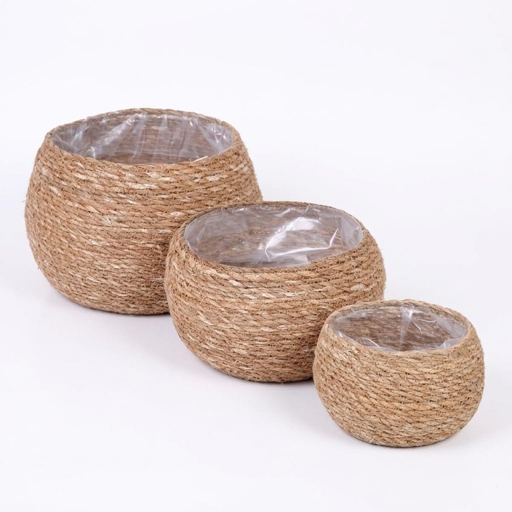 3'lü Yuvarlak Sığ Tombul Hasır Saksılık Seti, Doğal Görünümlü İç Koruma Poşetli Dekoratif Saksı, Büyük 21x16 cm Orta 18x13 cm Küçük 15x11 cm