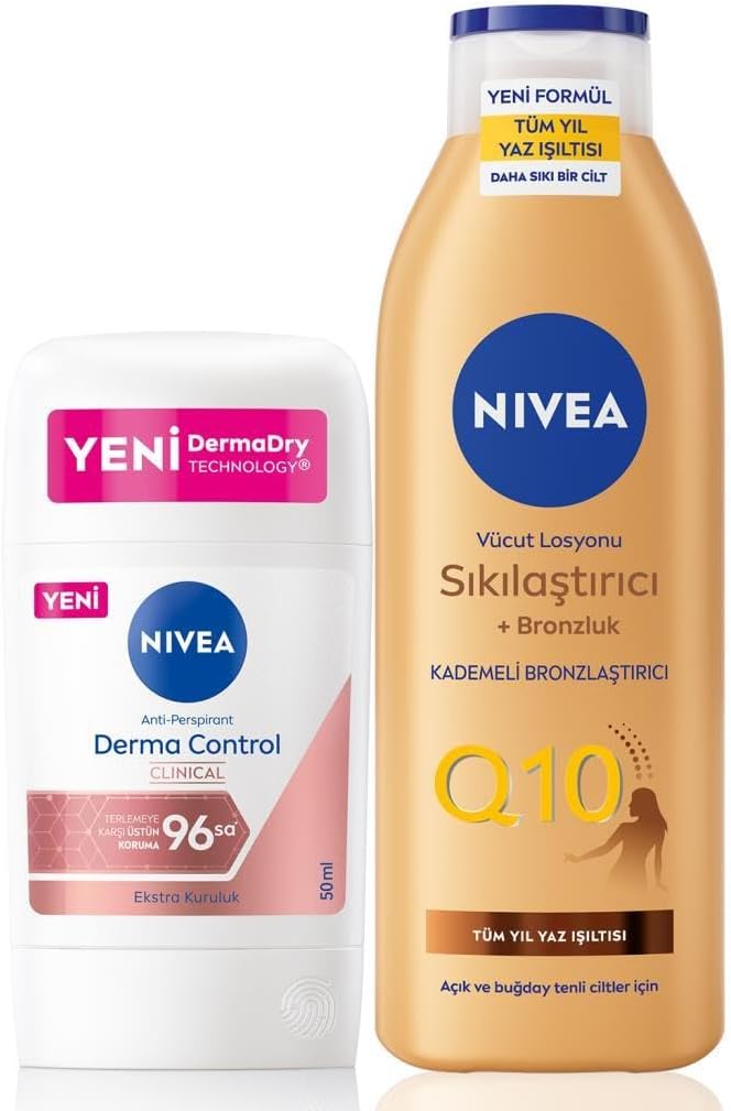 Q10 Sıkılaştırıcı Bronzluk Vücut Losyonu 200ml ve Kadın Stick Deodorant Derma Control Clinical 50ml