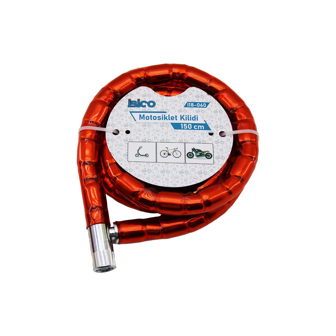 TÜP ANAHTARLI METAL KAFA ÇELİK MOTOR - BİSİKLET KİLİT SİLİNDİRİK SPİRAL KİLİT KIRMIZI KILIF22MM X 150CM