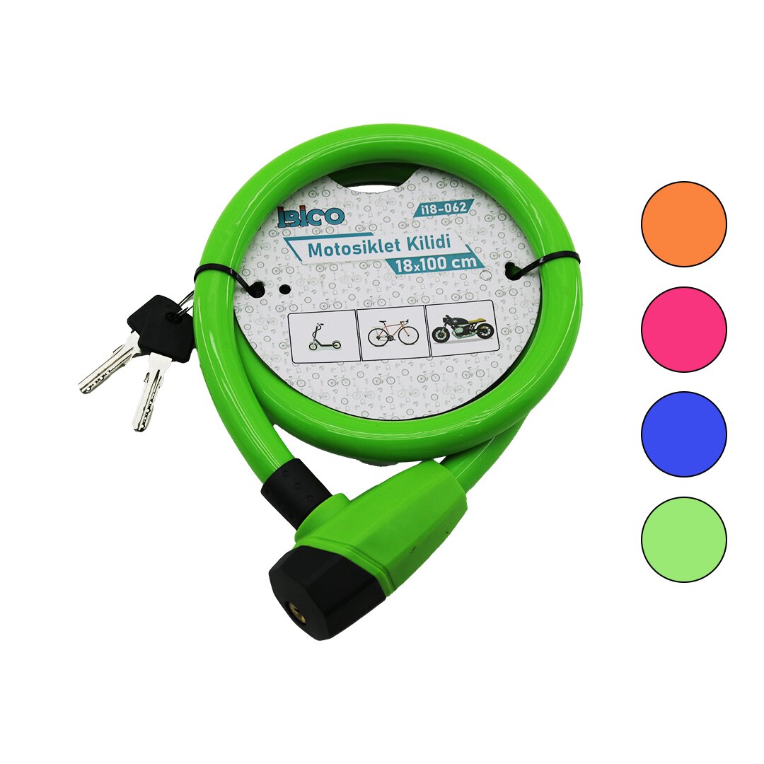 ANAHTARLI KALIN MOTOR - BİSİKLET KİLİT ÇELİK TEL RENKLİ KILIF 18MMX100CM