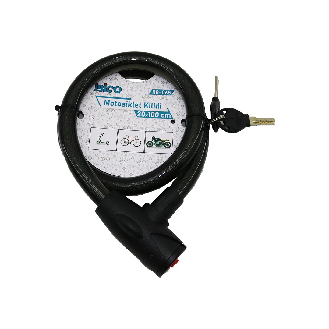 ANAHTARLI AÇ-KAPA KİLİT KAPAKLI MOTOR - BİSİKLET KİLİT ÇELİK TEL SİYAH ŞEFFAF KILIF 20MMX100CM