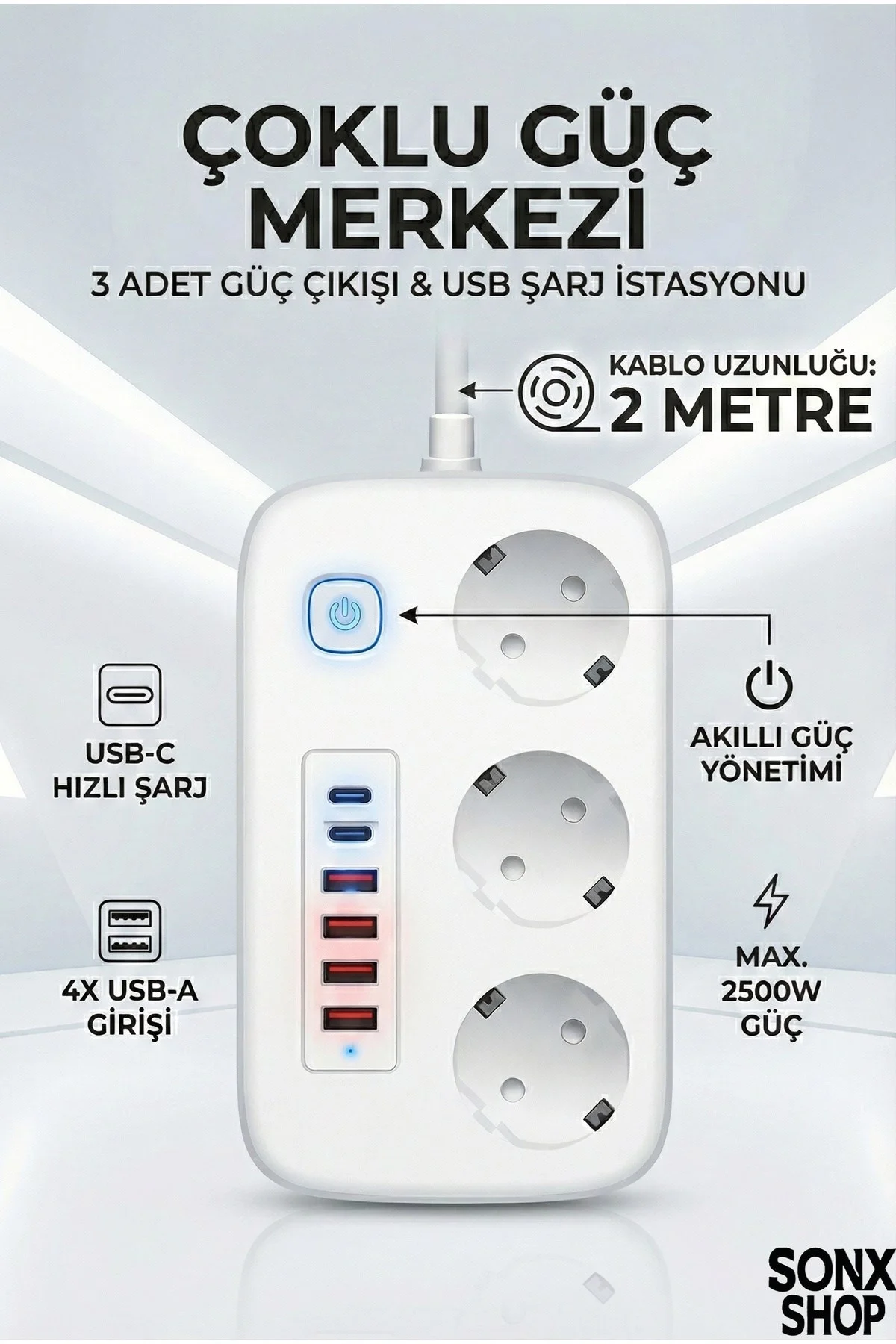 2500W Çoklu Priz 2 METRE – 3’lü AC Priz +5 USB Çıkışı AKIM KORUMALI Alev Almayan Gövde,