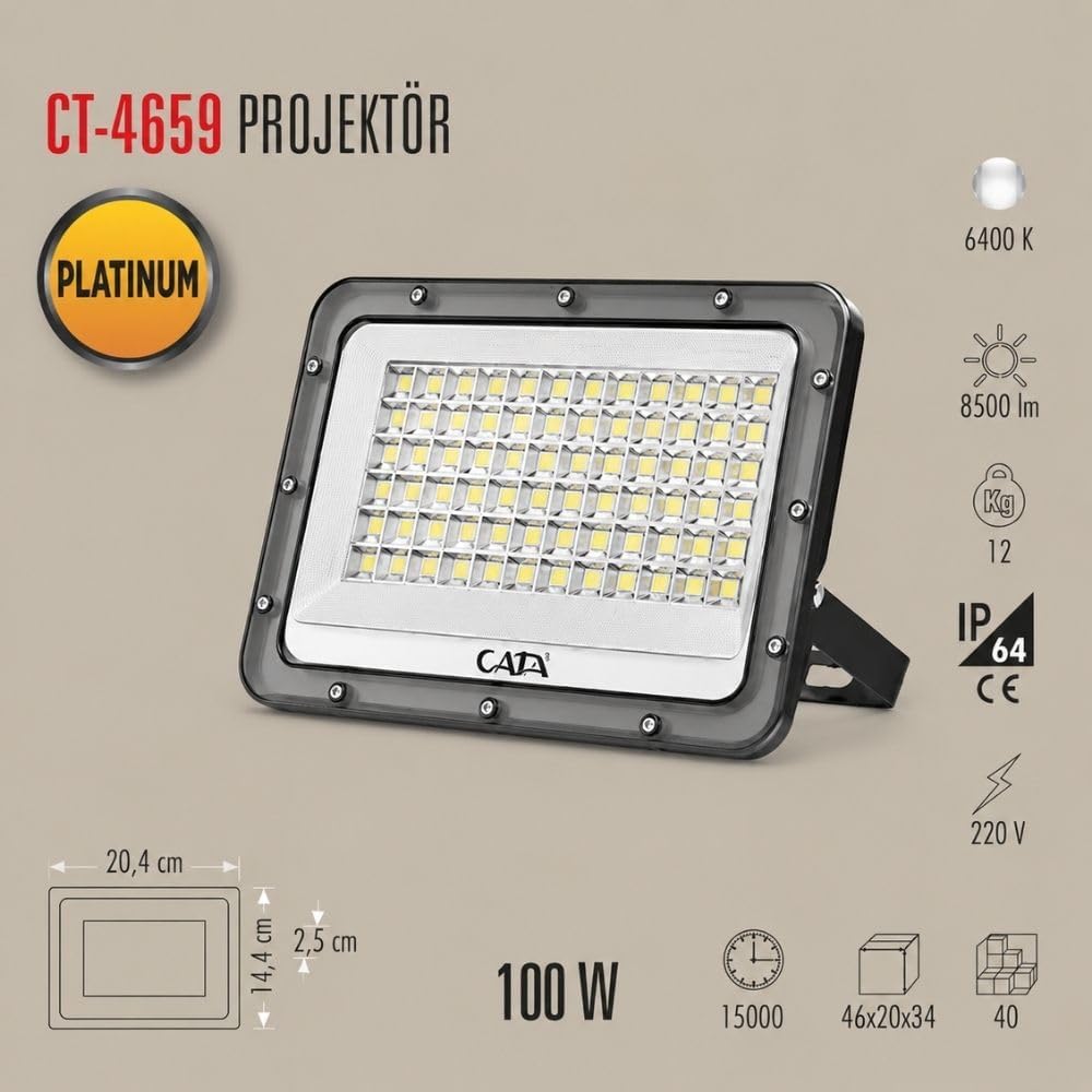 100W Slim LED Projektör Cata CT-4659B - Beyaz Işık 6400K