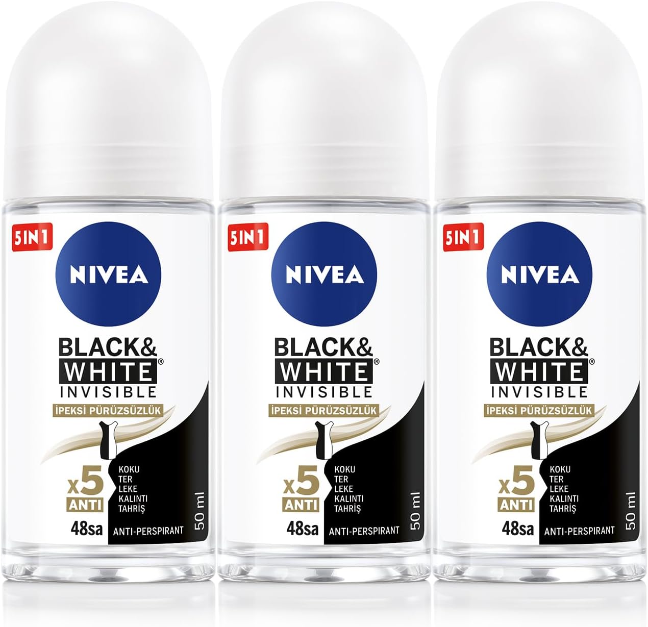 Kadın Roll on Deodorant Black&White Invisible İpeksi Pürüzsüzlük,48saat Koruma 50mlx3