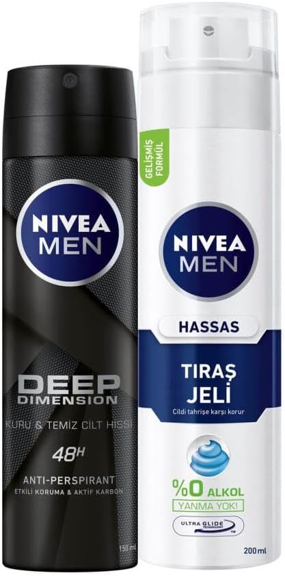 Men Erkek Sprey Deodorant Deep Dimension 48 Saat Anti-perspirant Koruma 150ml ve Men Hassas Tıraş Jeli 200ml, Hassas Ciltlere Özel Hızlı Koruma, Yanma Karşıtı, Alkolsüz Formül
