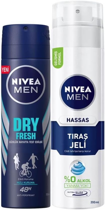 Men Erkek Sprey Deodorant Dry Fresh 72 Saat Anti-perspirant Koruma 150ml ve Men Hassas Tıraş Jeli 200ml, Hassas Ciltlere Özel Hızlı Koruma, Yanma Karşıtı, Alkolsüz Formül