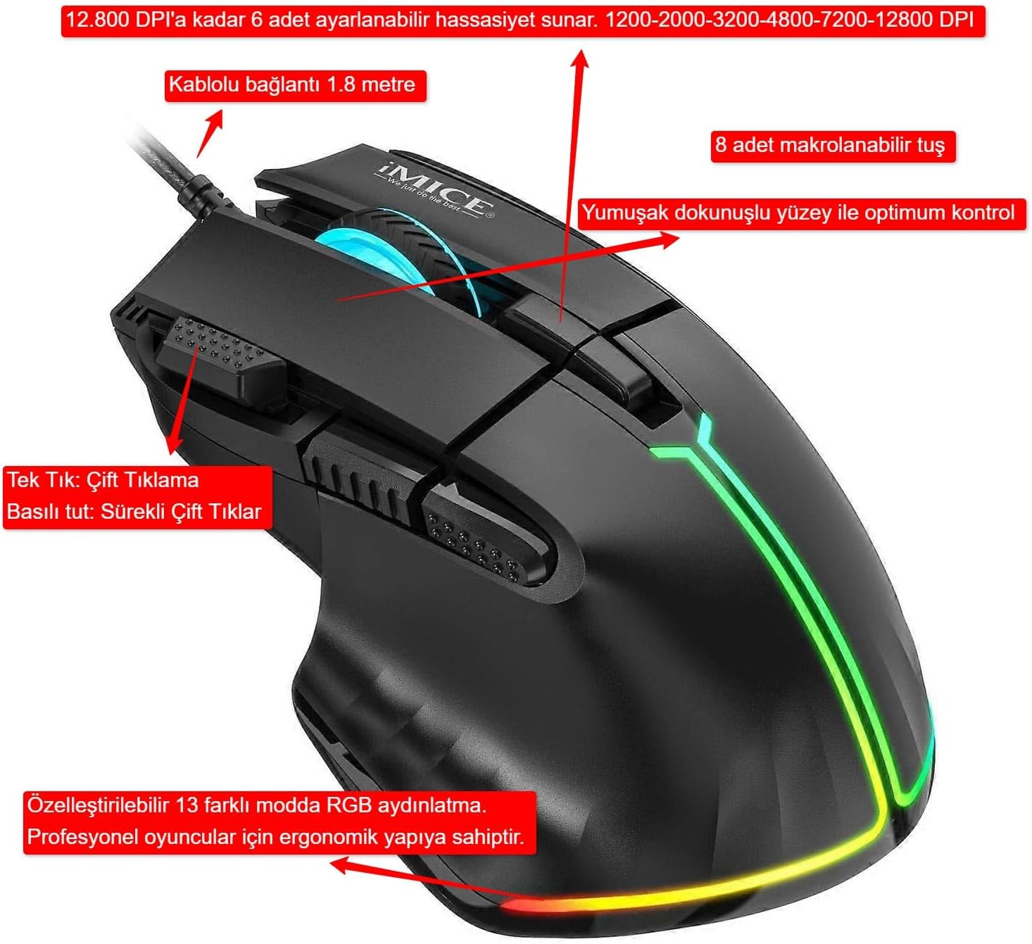 iMCE T50 Gaming Mouse, 12800 DPI, Çift Tıklama Ateş Tuşu, 8 Makrolanabilir Tuşlu, 13 Modlu RGB