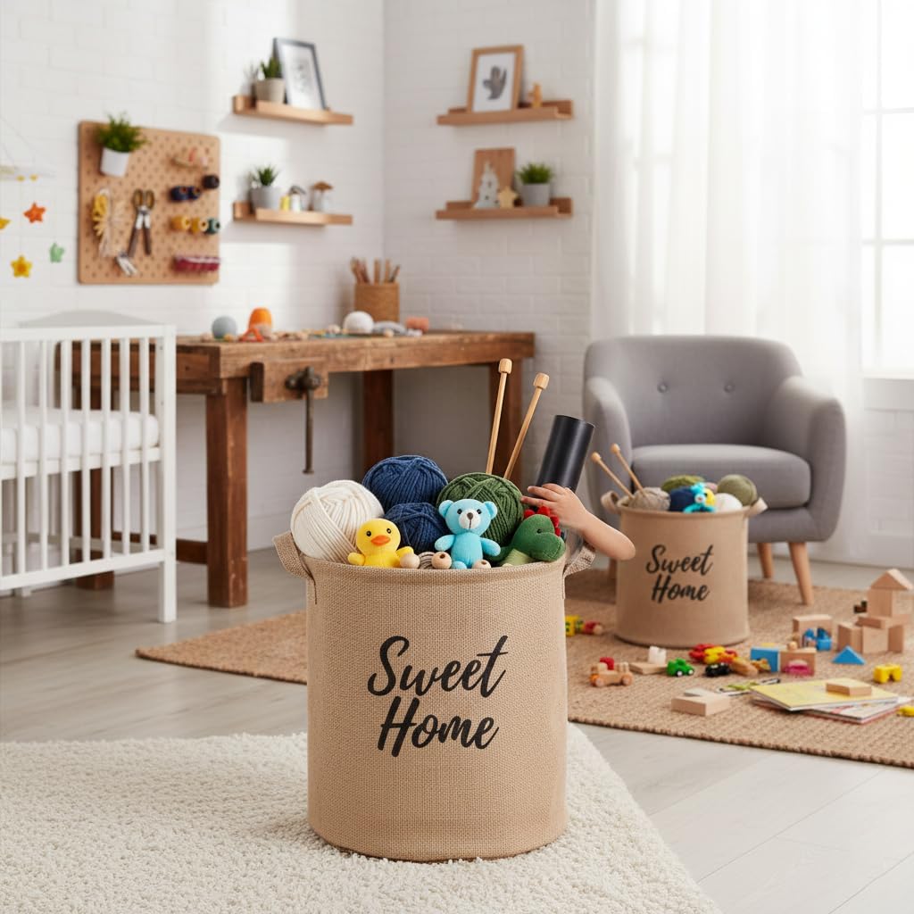 "Sweet Home" Yuvarlak Jüt Düzenleyici Sepet (Çap 32cm, Yükseklik 36cm) – Krem Renk Katlanabilir Kumaş Kulplu Organizer | Büyük Boy, Çamaşır, Battaniye ve Ev Tekstili Sepeti