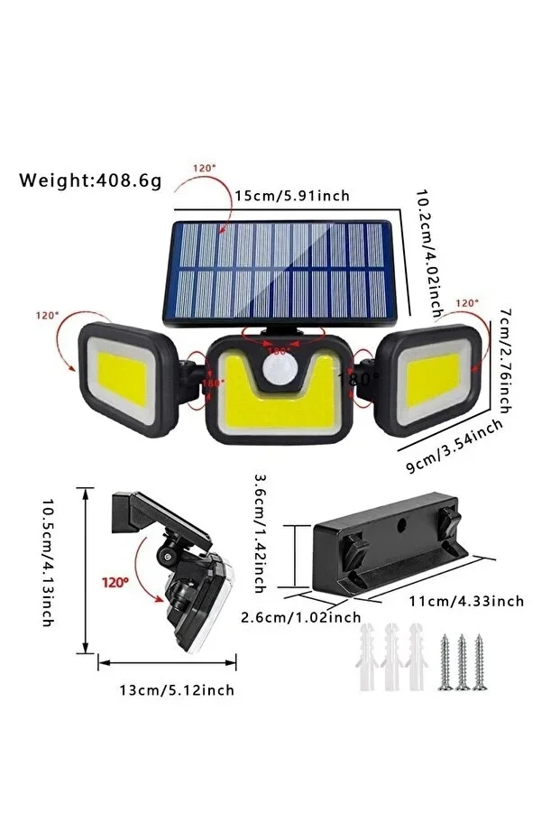 Üçlü Solar Led Projektör – Beyaz Işık – Sensörlü Dış Mekân Aydınlatma