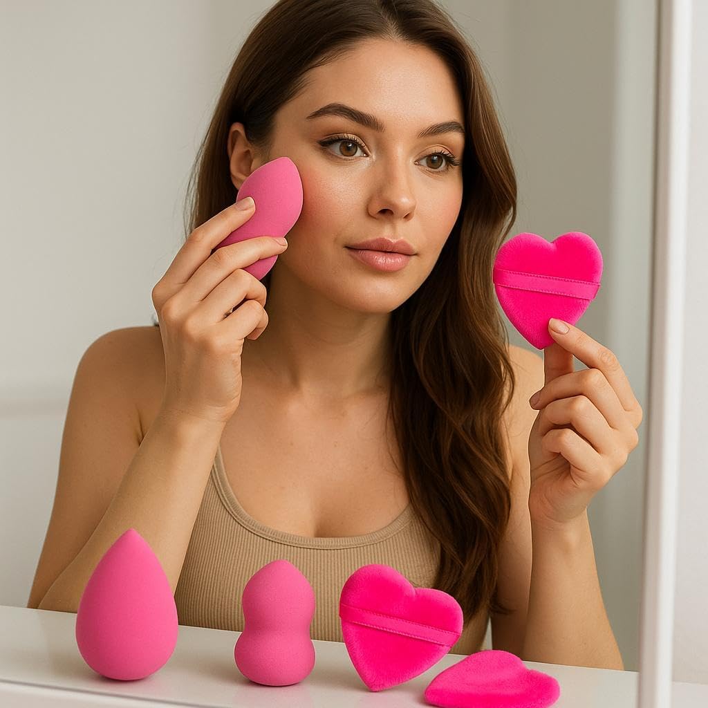 Pembe 5 Adet Güzellik Makyaj Süngeri Seti 3 Adet Sünger + 2 Adet Kalpli Pudra Fondöten Bb Krem Uygulama Aparatı Yıkanabilir Sünger -puff