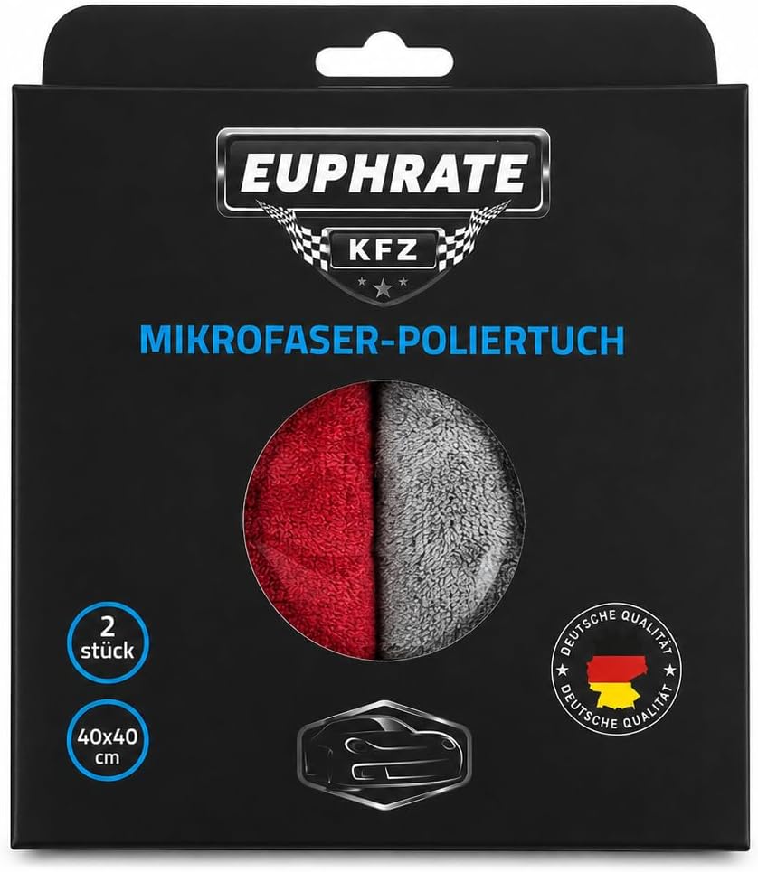 EUPHRATE KFZ 2'li Mikrofiber Temizlik Bezi 40x40 cm – Araç, Cam, Ev ve Hassas Yüzeyler İçin Yüksek Emici Mikrofiber Bez (Gri & Kırmızı)