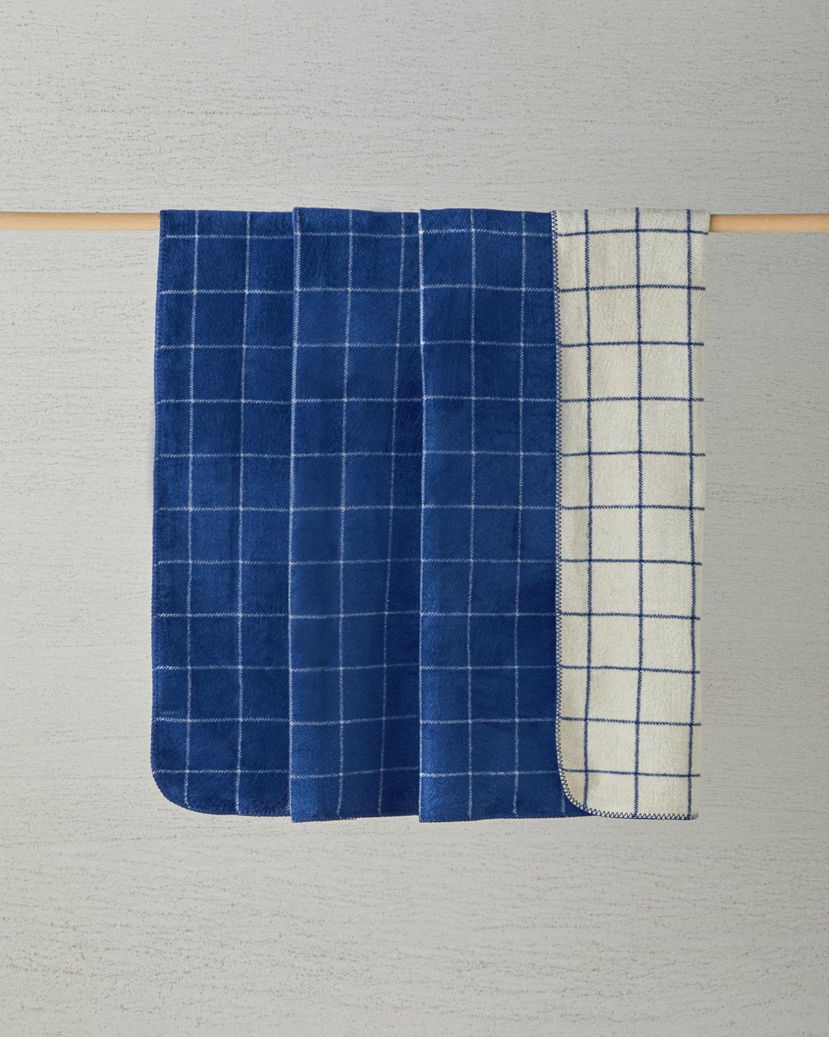Plain Check Pamuklu King Size Battaniye Lacivert - Krem