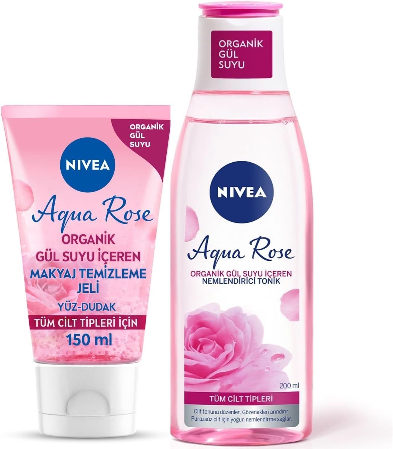 Aqua Rose Organik Gül Suyu İçerikli Yüz Temizleme Jeli 150ml ve Nemlendirici Tonik 200ml, Makyaj Temizleyici, Yüz Bakım
