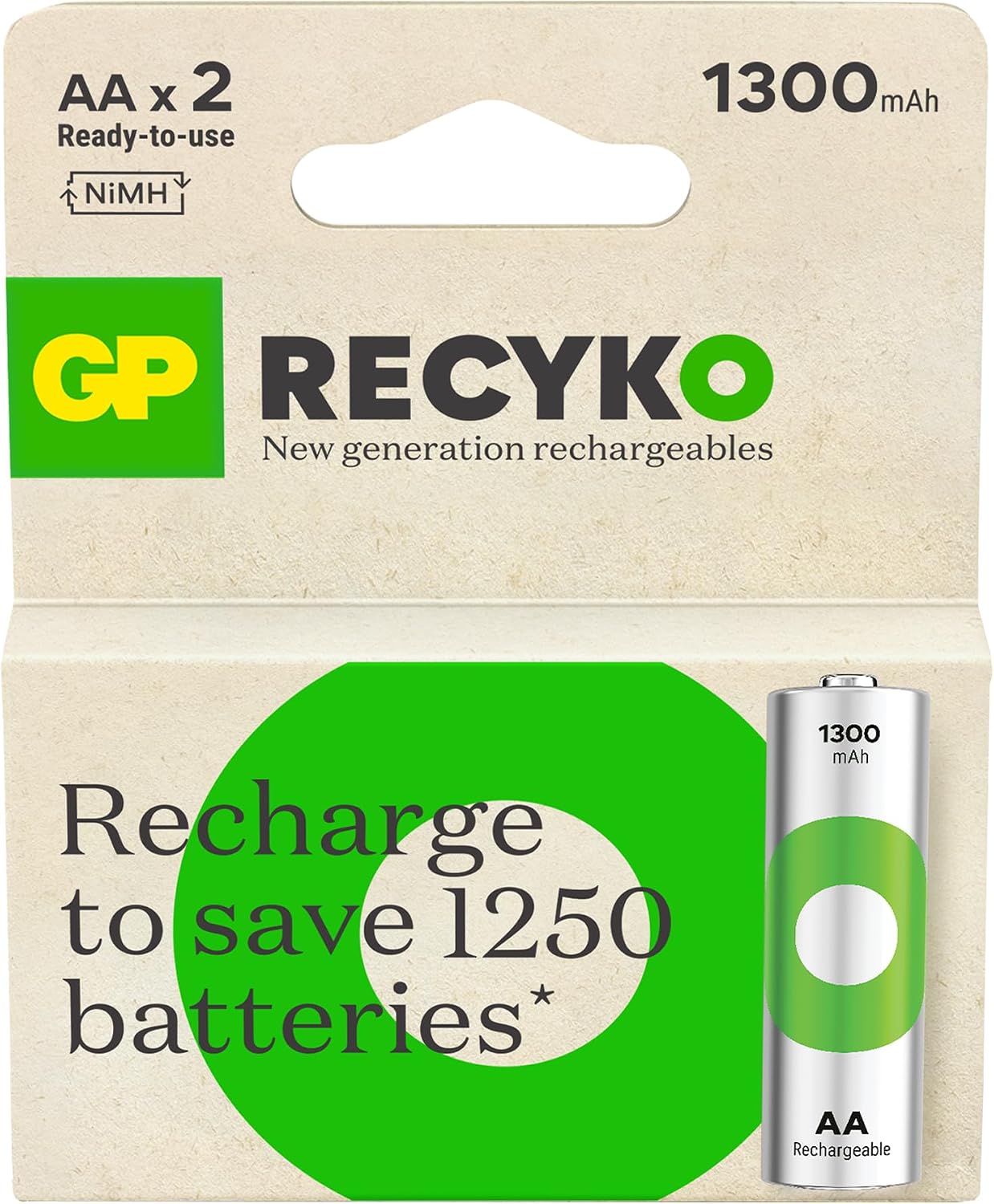 Batteries ReCyko 1300 AA Kalem Ni-MH Şarjlı Pil, 1.2 Volt, 2'li Kart