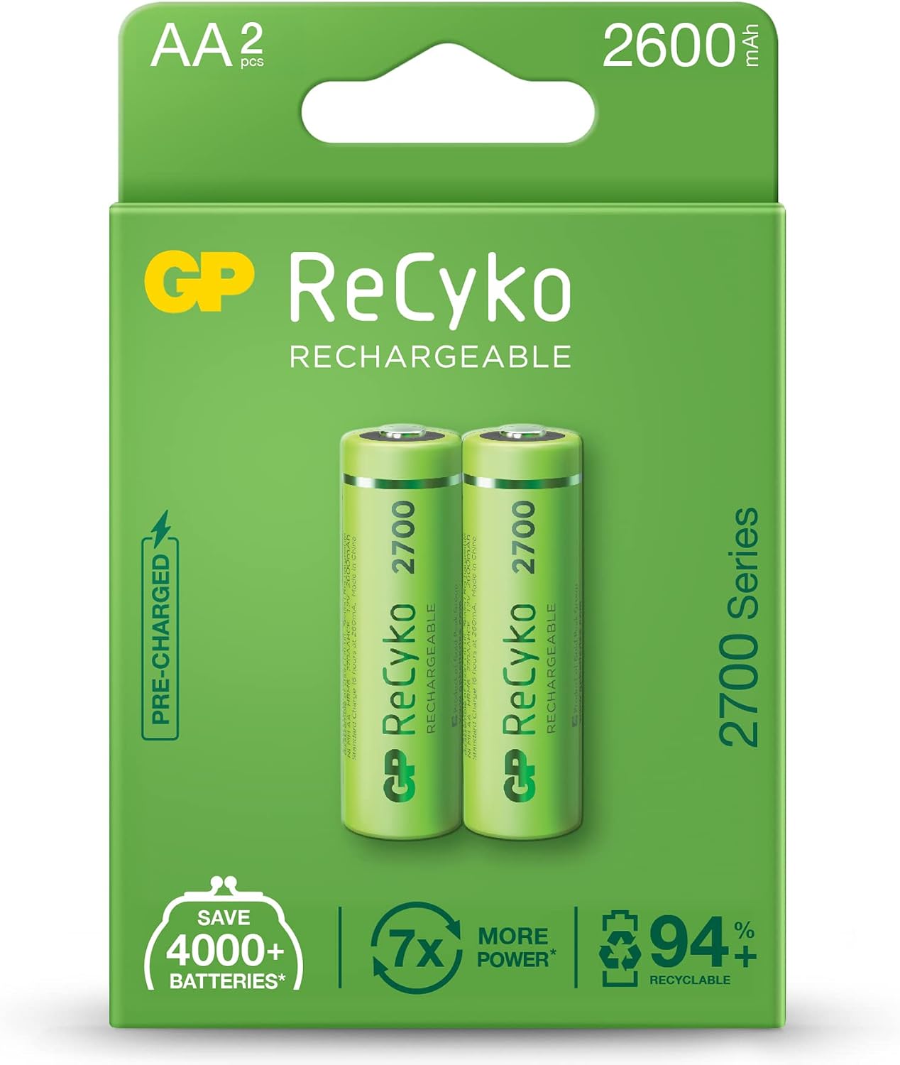 Batteries Recyko+ 2700 Aa Kalem Ni-Mh Şarjlı Pil, 1.2 Volt, 2'Li Kart
