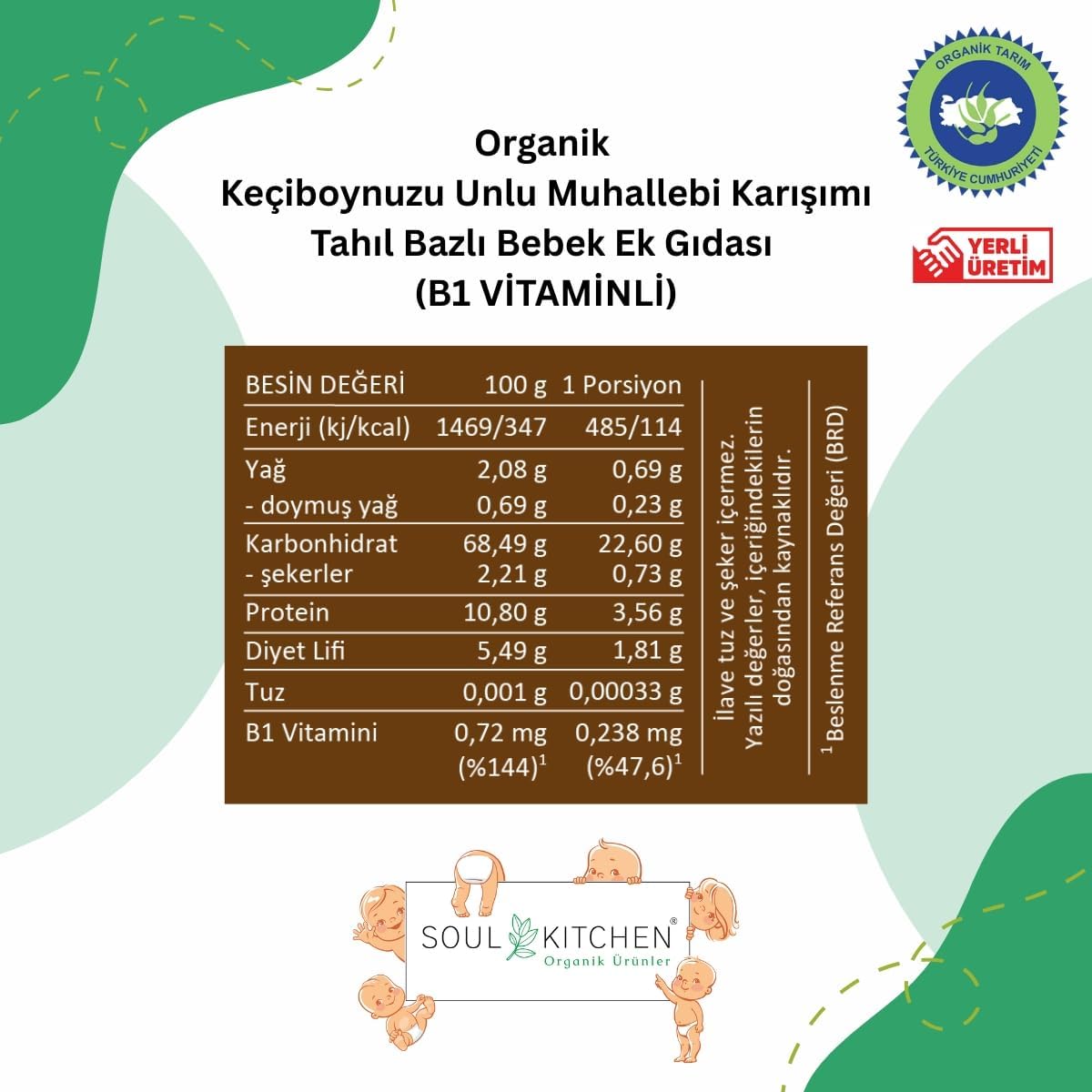 Soul Kitchen Organik Keçiboynuzlu Bebek Muhallebisi B1 Vitaminli Tahıl Bazlı Ek Gıda 250gr