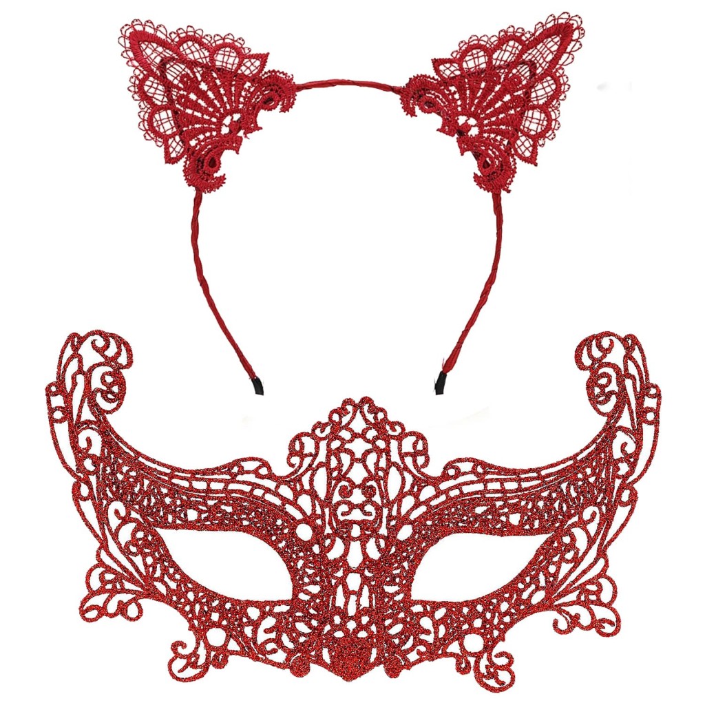 Romantik Kırmızı Dantel Maske Seti – Kedi Kulaklı Taç ve Maske 3 No