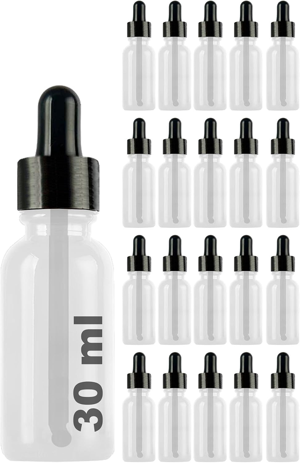 30 ml Metal Kapaklı Damlalık Dropper Şişesi Serum 30 cc Cam Şişe 20 Adet (Siyah Lastik | Siyah Kapak, Şeffaf)
