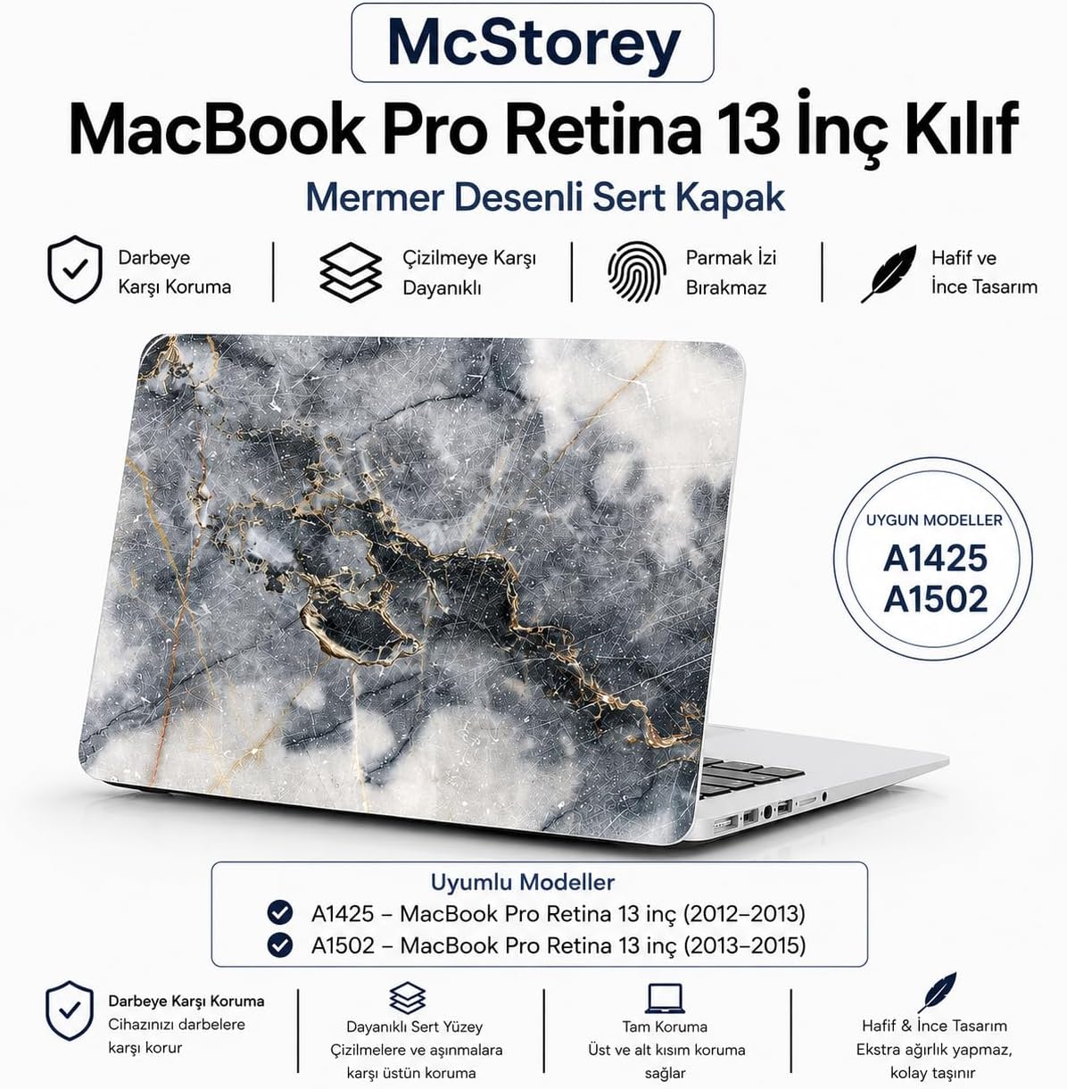 MacBook Pro 13 İnç Kılıf A1425 A1502 Uyumlu Sert Kapak Hard Case Koruyucu Retina 13 Laptop Kılıfı Mermer Desenli Çizilmeye Dayanıklı İnce Hafif Koruma R-16