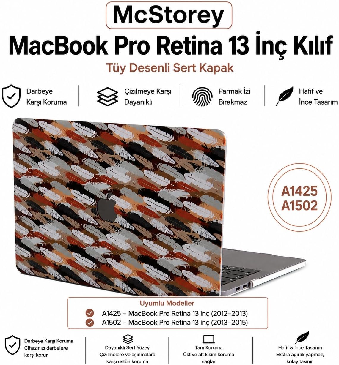 MacBook Pro Retina 13 İnç Kılıf A1425 A1502 Uyumlu Tüy Desenli Sert Kapak Hard Case İnce Hafif Laptop Koruyucu Karışık