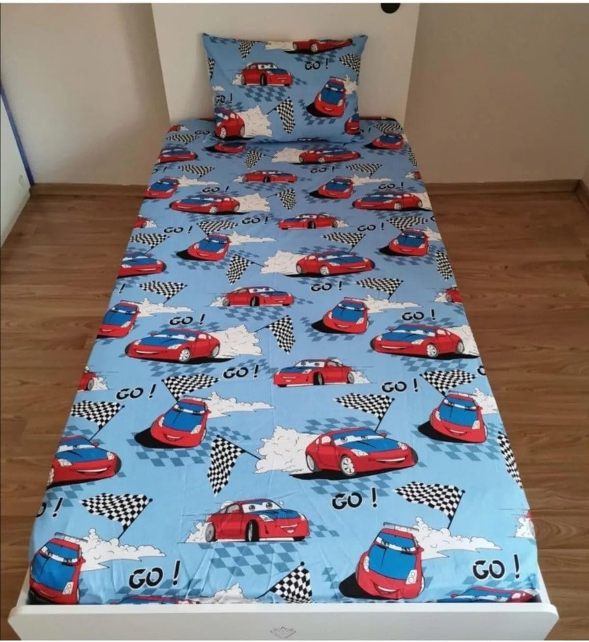 DENİZLİ ÇEYİZ Tek Kişilik Lastikli Fitted Çarşaf Takımı Kırmızı Araba Mavi 100 x 200