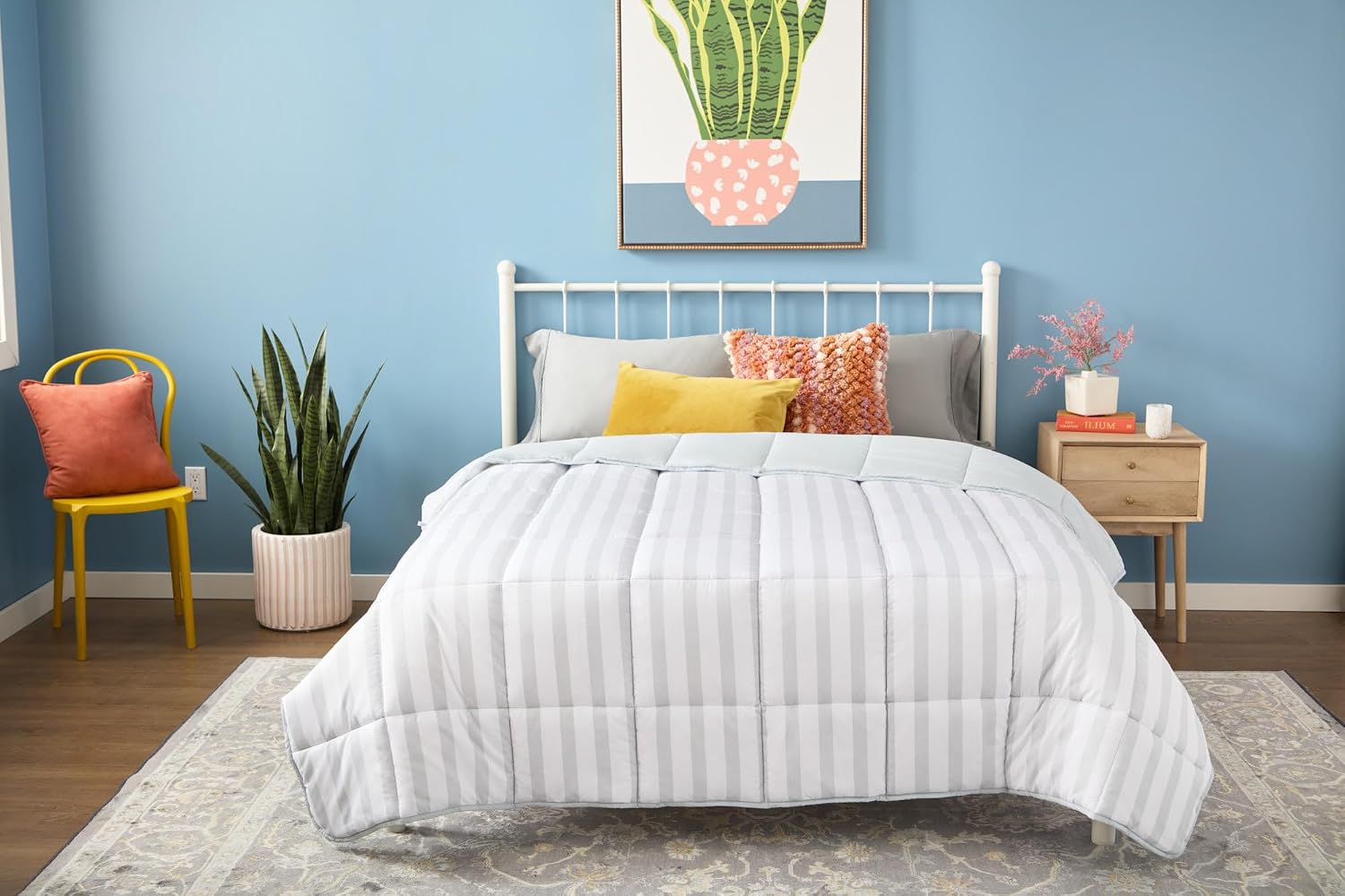 (California King, Grey/White Stripe) - Reversible Striped Down Alternative Quilted Comforter with Corner Duvet Tabs - Cal King Size
