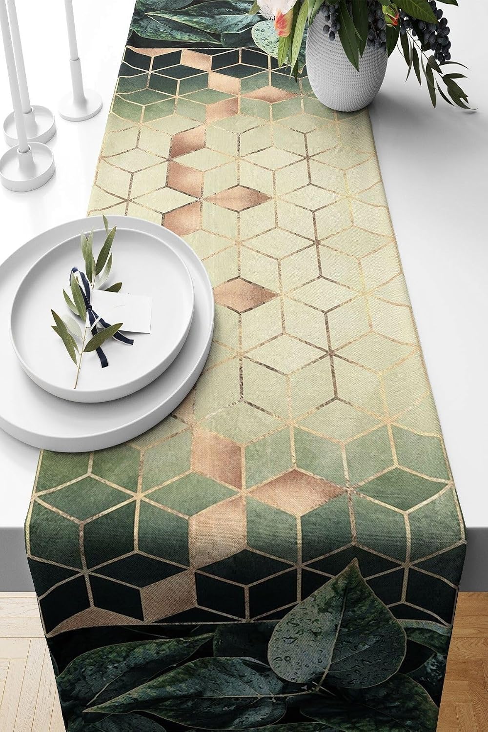 Pelangi Yeşil Yapraklı Geometrik Petekli Leke Tutmaz Kumaş Salon Mutfak Masa Değişik Ranır Modelleri Runner, Yeşil-gold 40 x 140
