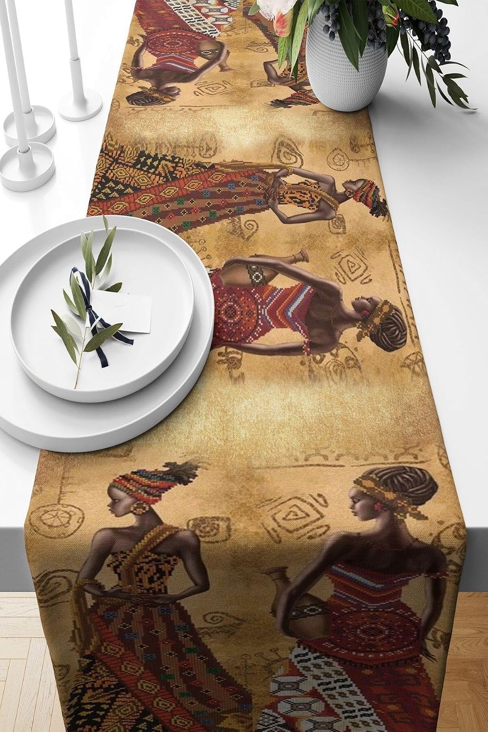 Pelangi Afrika Etnik Desenli Leke Tutmaz Kumaş Salon Mutfak Masa Değişik Ranır Modelleri Runner, Bej-Kahverengi 40 x 140