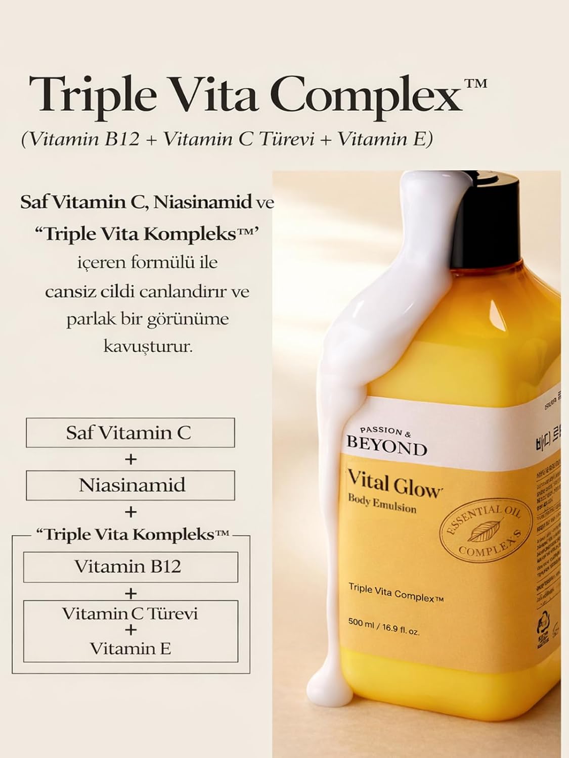 Vital Glow Body Emulsion Vitamin C B3 E Aydınlatıcı Nemlendirici Vücut Losyonu 500 ml
