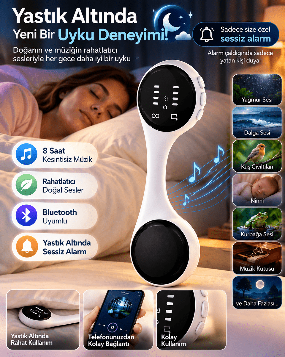 Sessiz Alarm Bluetooth Uyku Hoparlörü Yastık Altı Kullanım Rahatlatıcı Sesler 8 Saat Kesintisiz Müzik