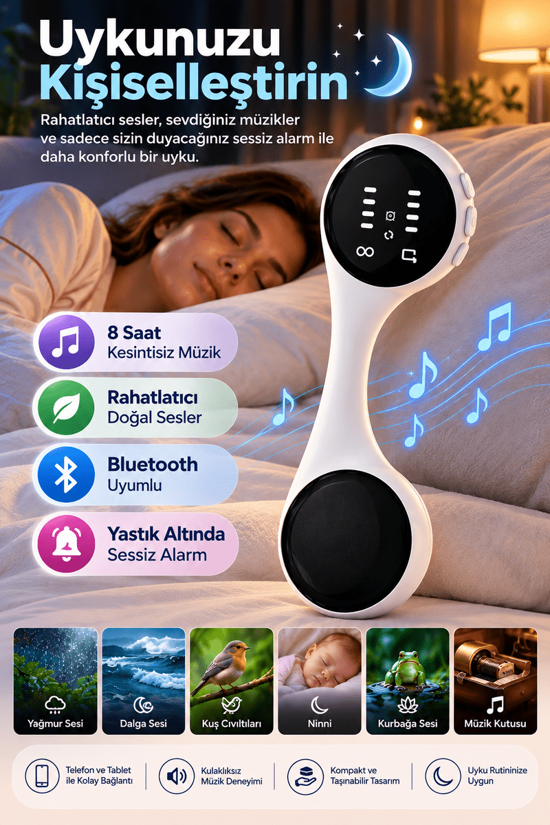 Bluetooth Uyumlu Yastık Altı Uyku Hoparlörü Sessiz Alarm Doğal Sesler 8 Saat Müzik Dinleme