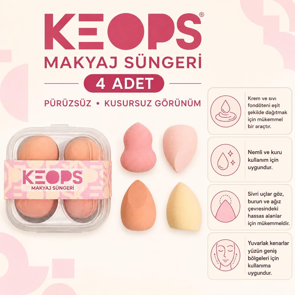 Makyaj Sünger Seti 4 lü - Lateksiz, Sıvı, Krem ve Pudra için Karıştırma Güzellik Süngeri, Yumuşak Emici Olmayan, Çok Boyutlu, Sıvı ve Toz İçin Çok Şekilli Güzellik Karıştırıcıları