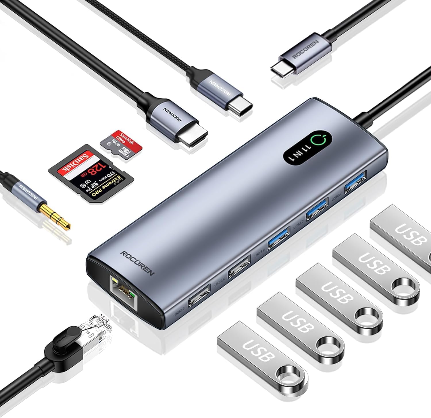 11 Portlu 4K 30Hz HDMI Gigabit Ethernet SD TF Kart Okuyuculu 3.5mm Jack USB Hub Çoklayıcı