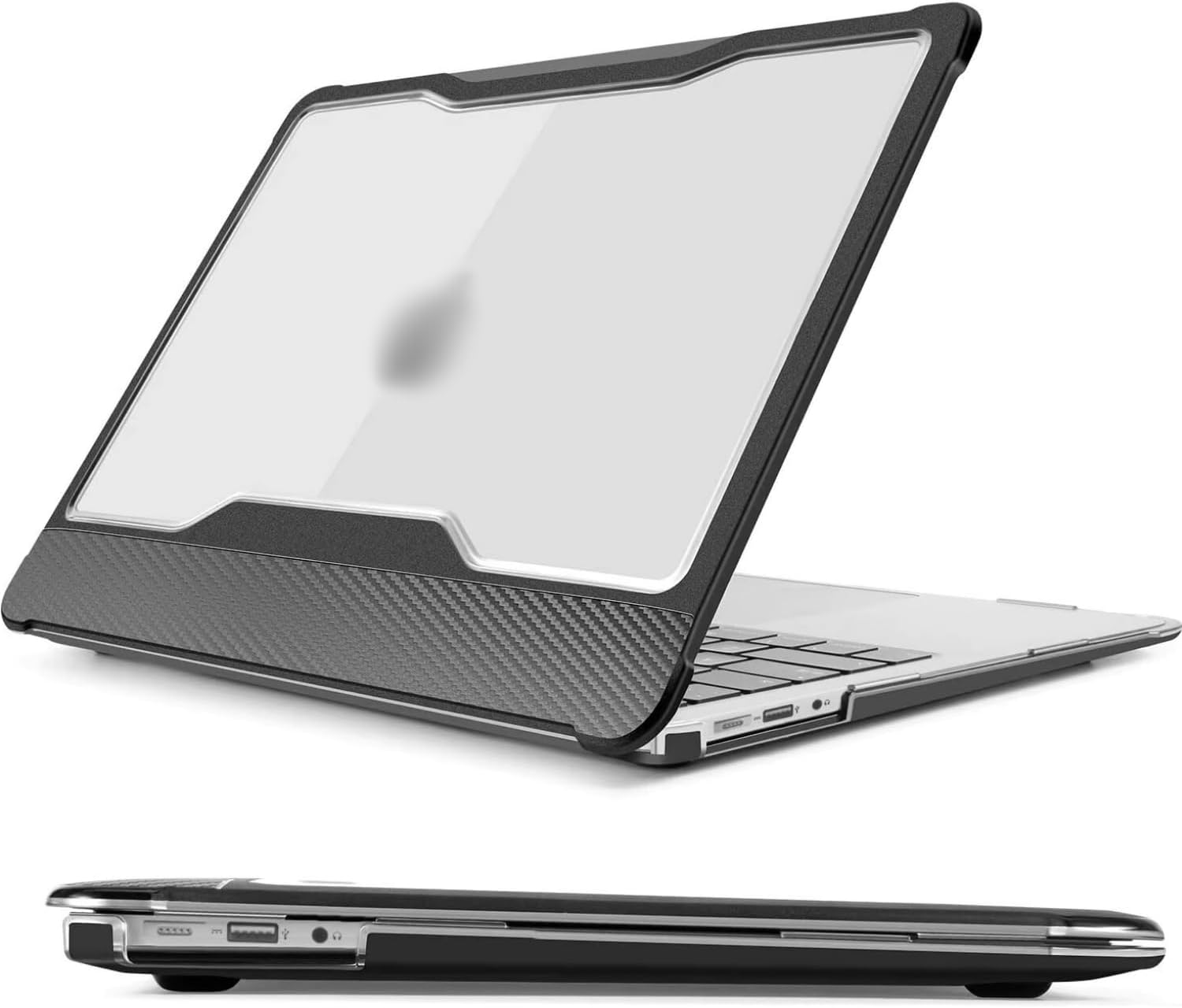 MacBook Air A1932 Uyumlu 13 İnç Outdoor Karbon Fiber Sert Kapak Darbe Emici Şeffaf Koruma Siyah