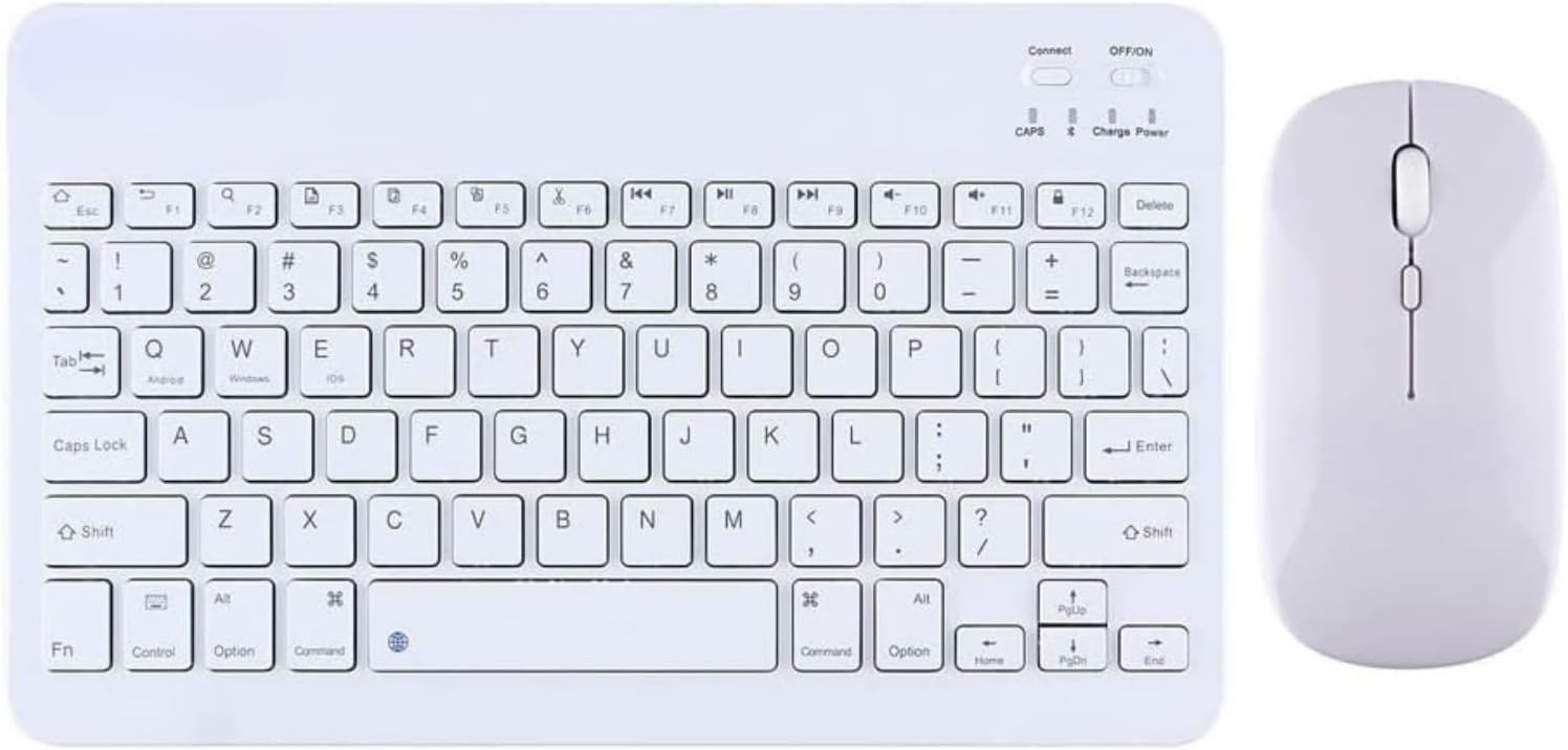 Şık Tasarımlı Bluetooth Kablosuz Klavye ve Mouse Seti | Android, iOS ve Windows Uyumlu | Şarj Edilebilir, Taşınabilir ve Sessiz Tuşlu Set (Beyaz)