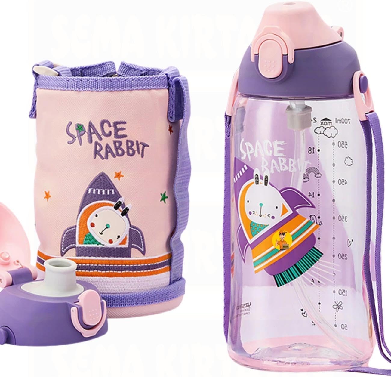Uzspace Büyük Boy 700ml Kılıflı Askılı Pipetli/pipetsiz Iki Ayrı Kapaklı Tritan Çocuk Matarası (Space Rabbit (Mor-Pembe))