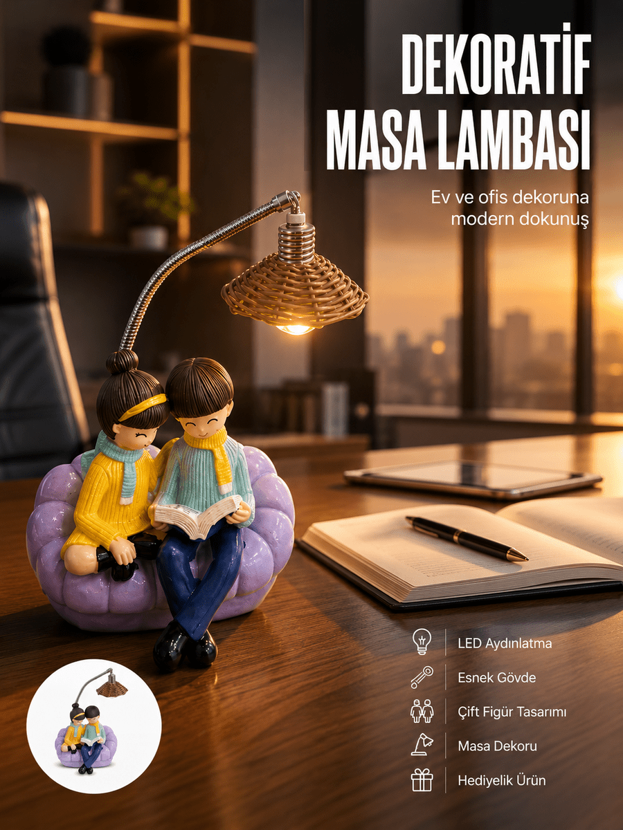 Romantik Çift Temalı Dekoratif Masa Lambası Yumuşak LED Işık