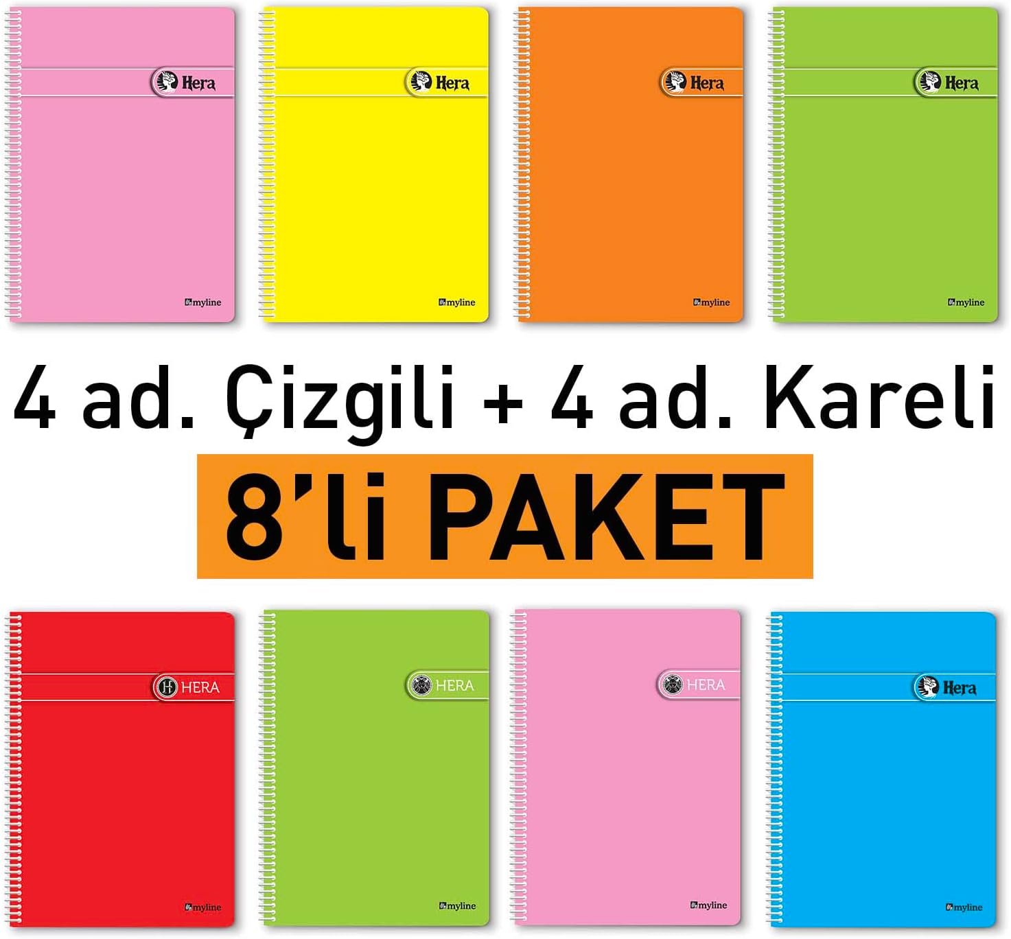 A4 Okul Defteri Spiralli 144 Sayfa Dayanıklı PP Kapak 8'li Paket