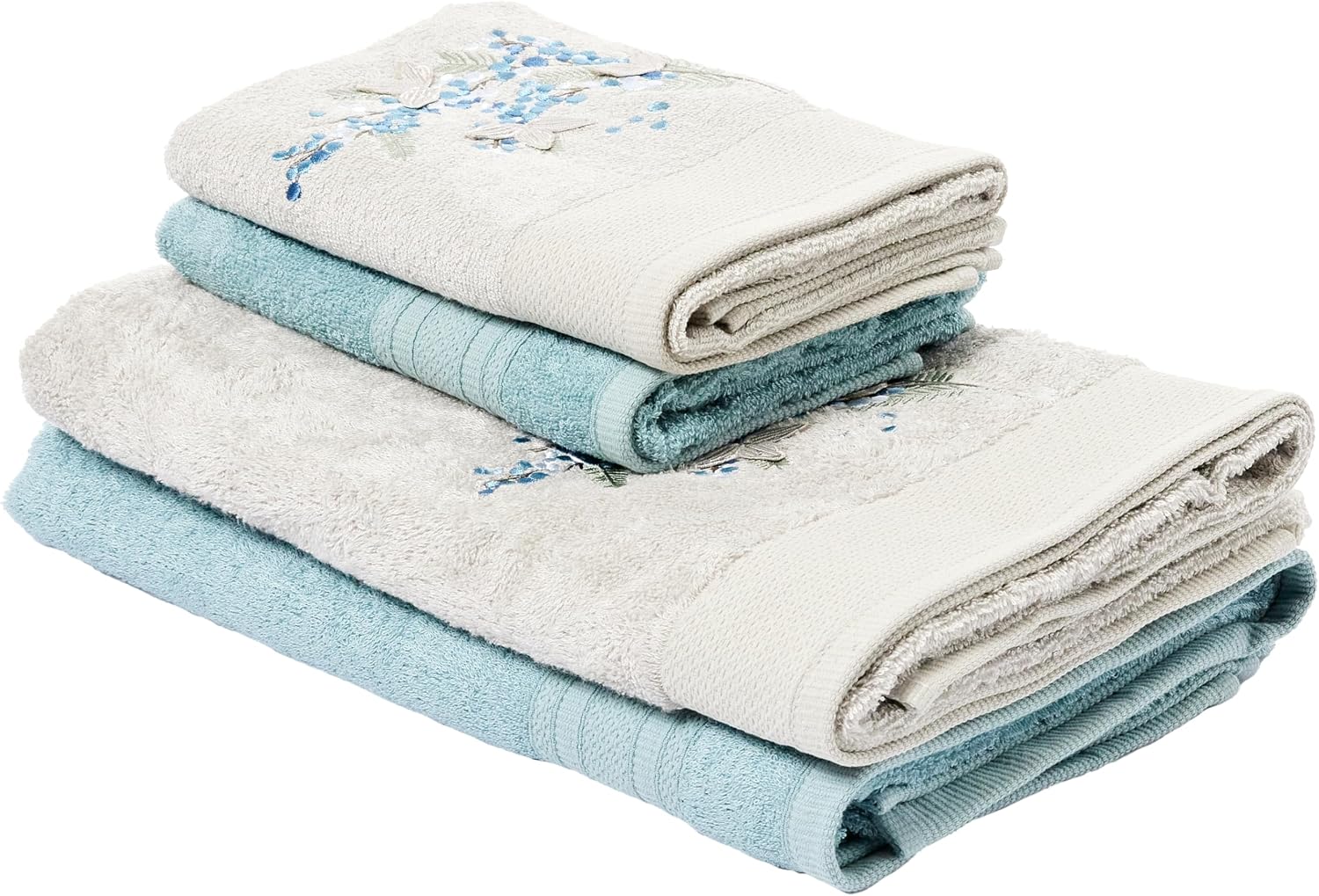 Mimosa Çiçekli%60 Pamuk%40 Viskoz Hamam Seti, Taş-Nil Mavisi, 2 Adet 70x150 cm, 2 Adet 50x90 cm
