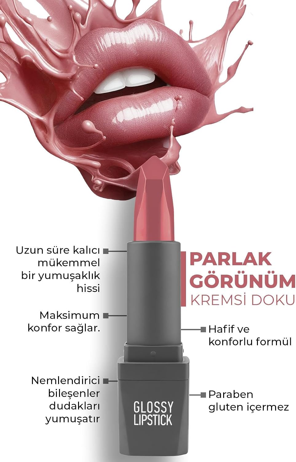 Uzun Süre Kalıcı Yoğun Renk Veren Nemlendirici Parlak Ruj - Glossy Lipstick 314 Dirty Rose